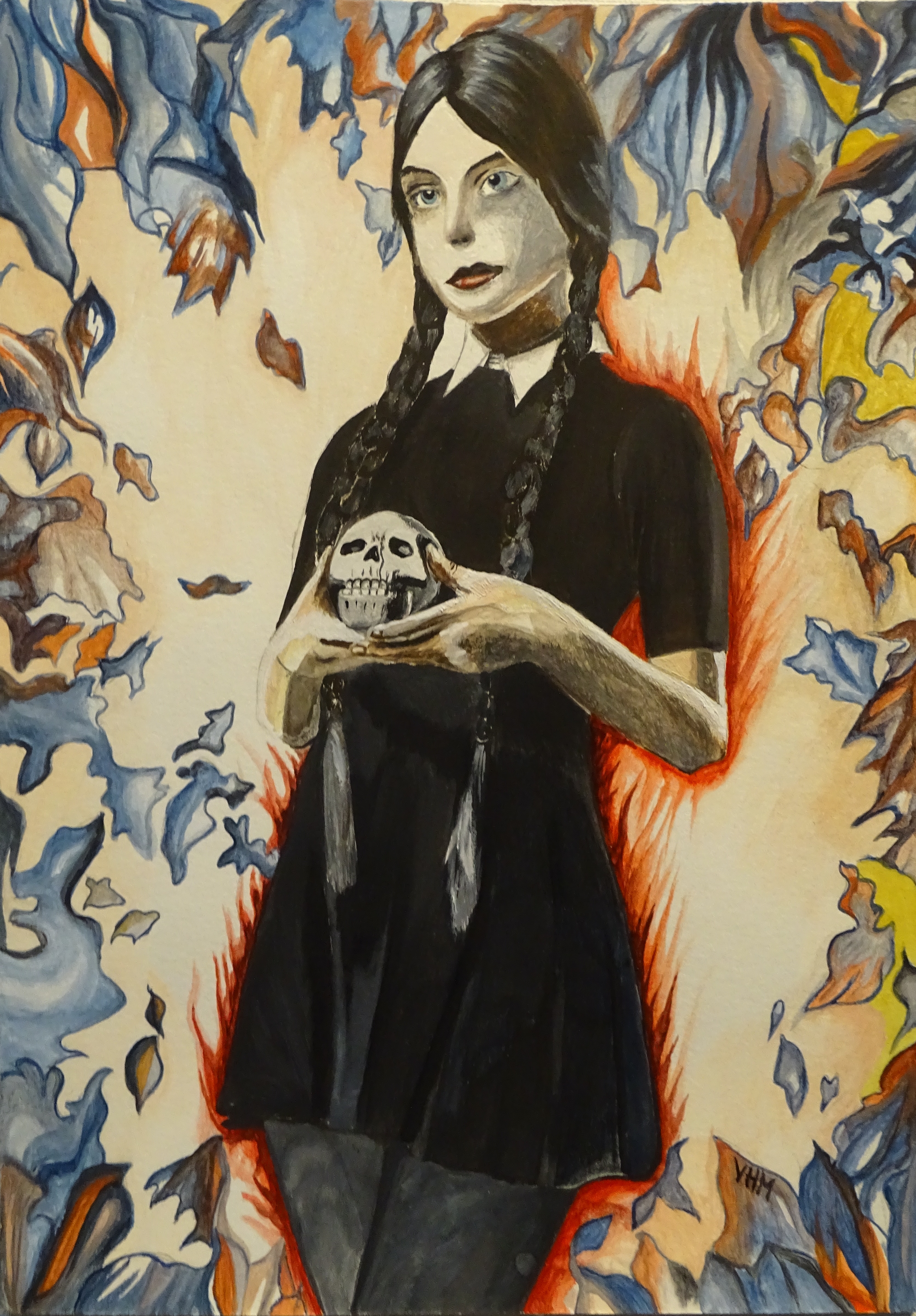 Meisje met skull - Aquarel  - 21cm x 27cm - 50 euro